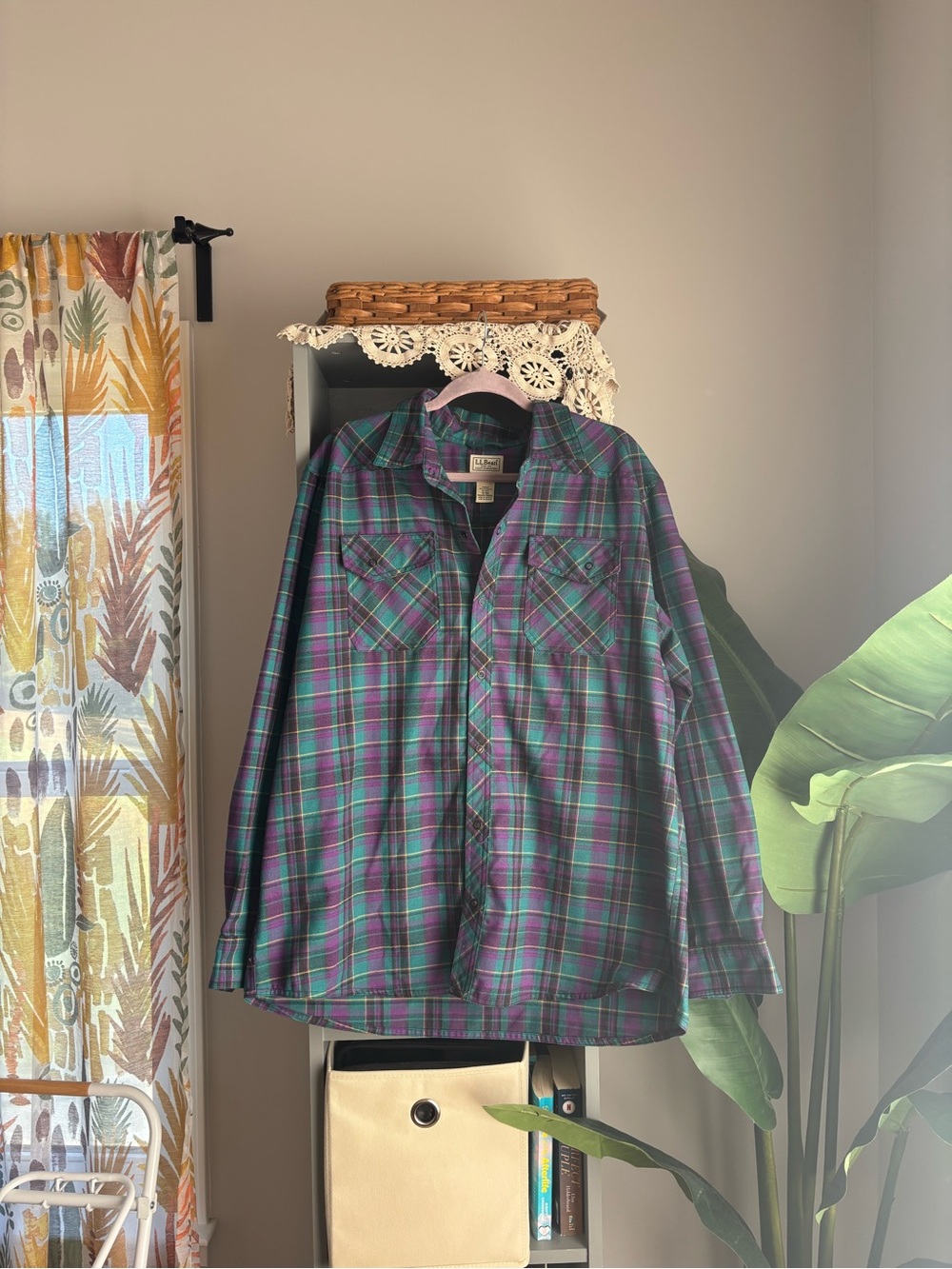 L.L.Bean Men’s XL Wool Blend Plaid Flannel Shirt Purple Teal Green Button Up